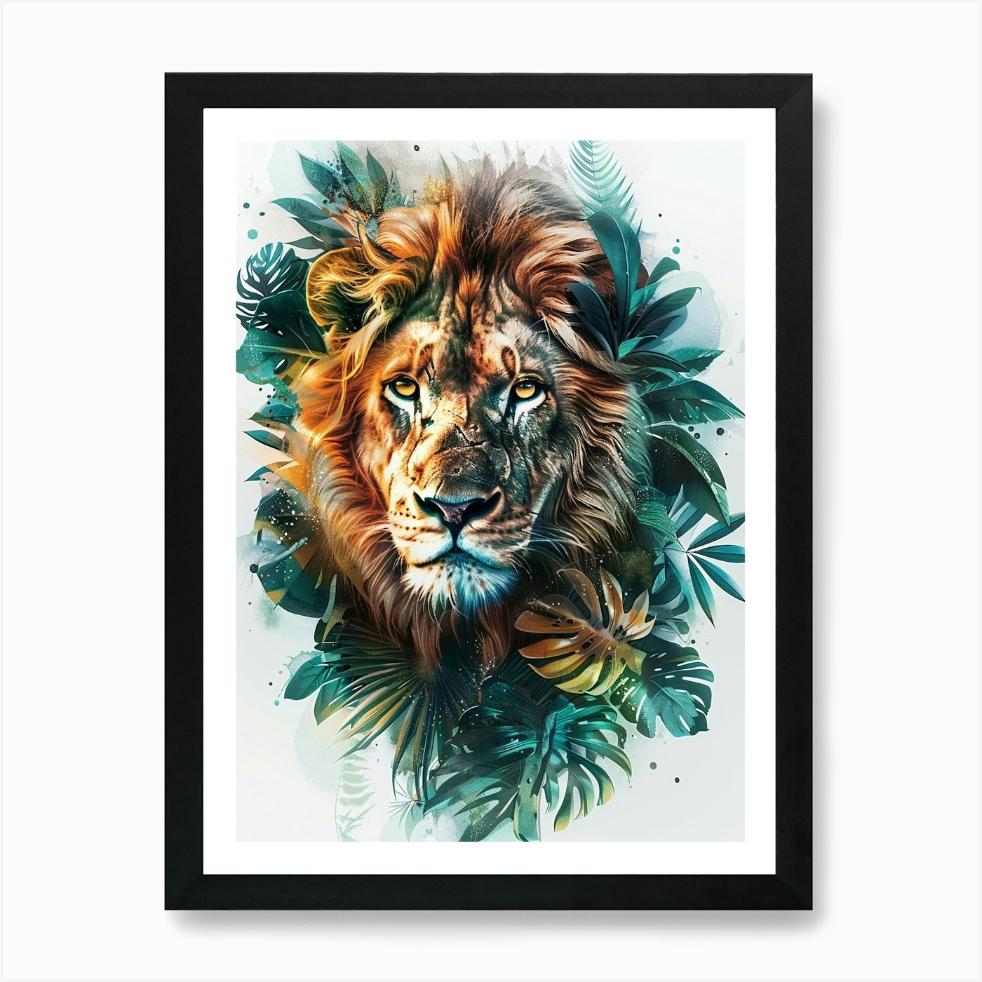 Double Exposure Realistic Lion With Framed Wall Art Poster Canvas Print Picture