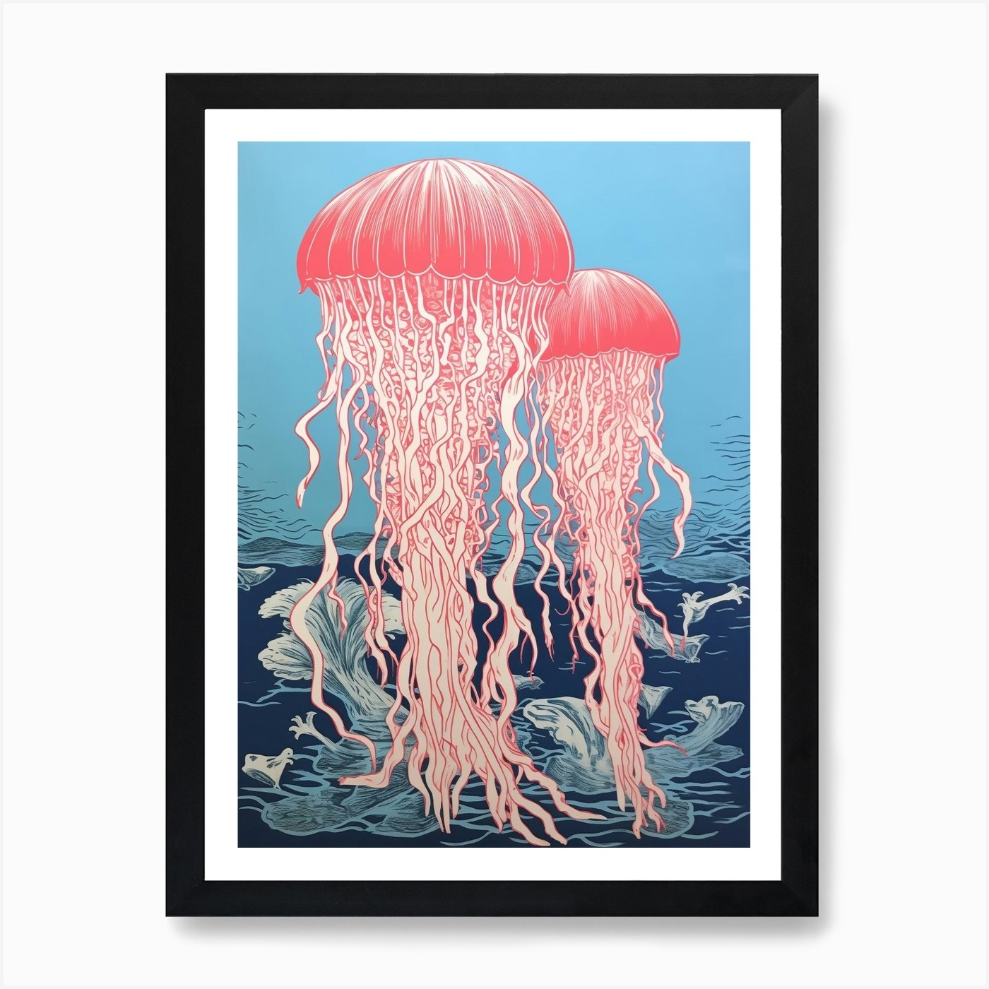 Lions Mane Jellyfish Washed Illustr Framed Wall Art Poster Canvas Print Picture