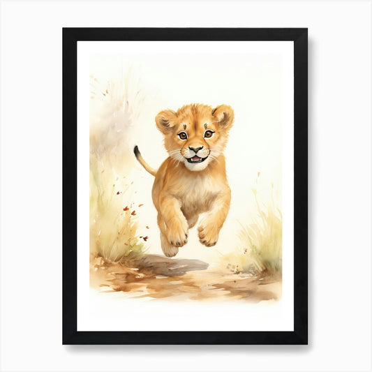 Running Watercolour Lion Art Painti Framed Wall Art Poster Canvas Print Picture