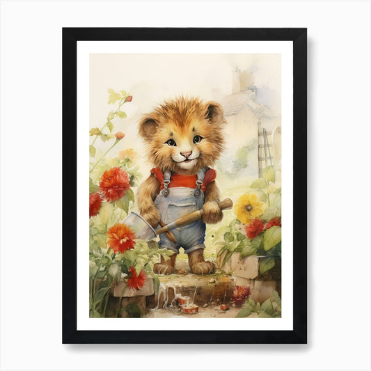 Gardening Watercolour Lion Art Pain Framed Wall Art Poster Canvas Print Picture