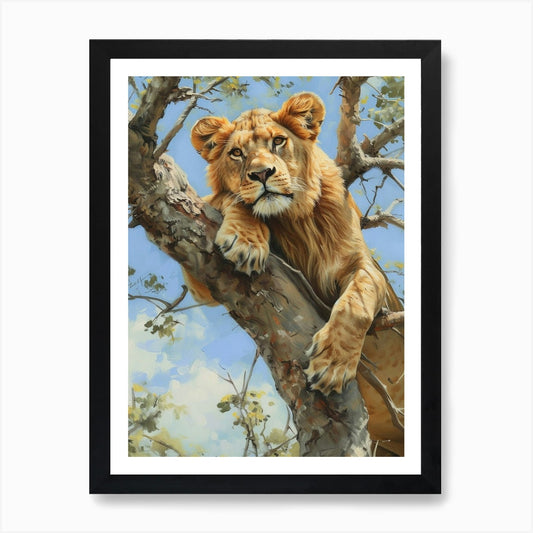 Barbary Lion Climbing A Tree Acryli Framed Wall Art Poster Canvas Print Picture