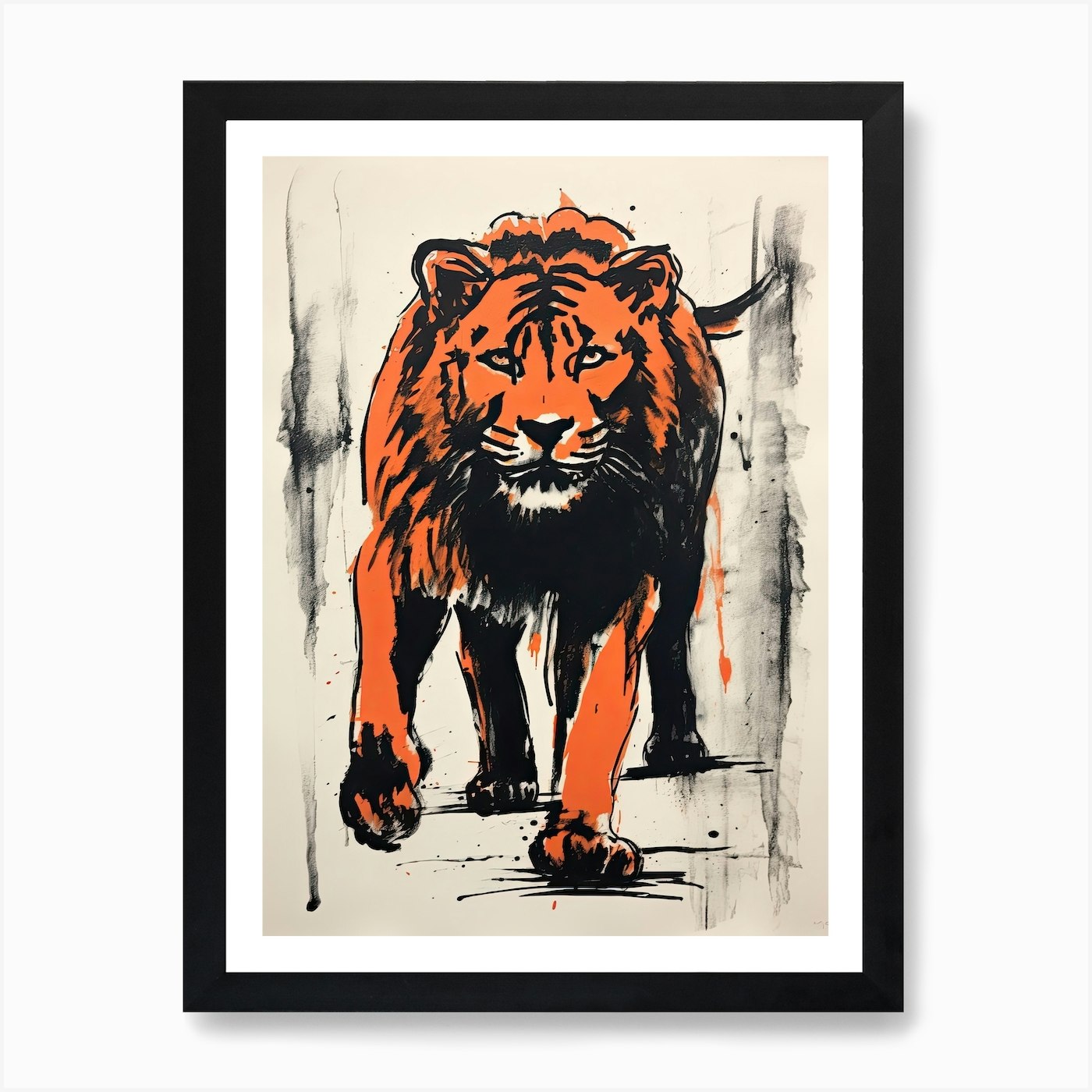 Lion, Woodblock Animal Drawing 4 Ar Framed Wall Art Poster Canvas Print Picture