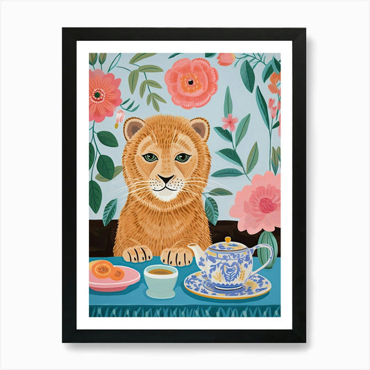 Animals Having Tea Lion 6 Art Print Framed Wall Art Poster Canvas Print Picture