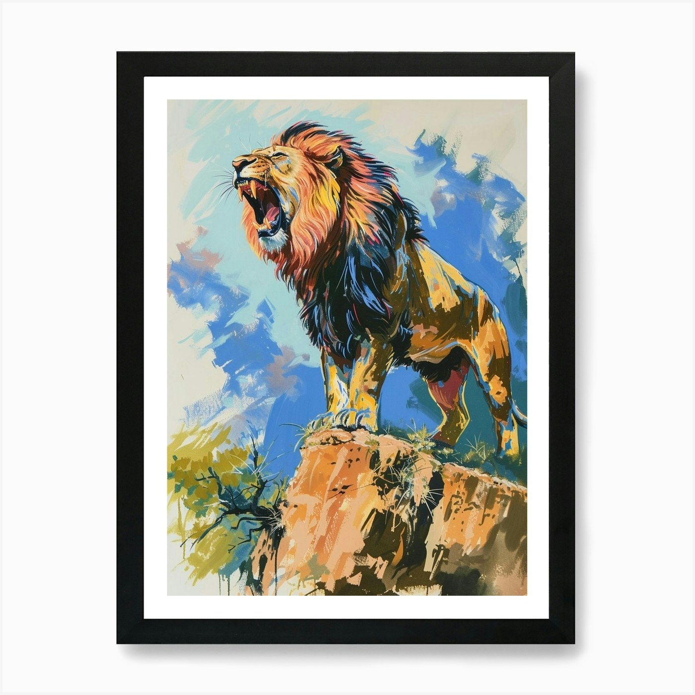 Southwest African Lion Roaring On A Framed Wall Art Poster Canvas Print Picture