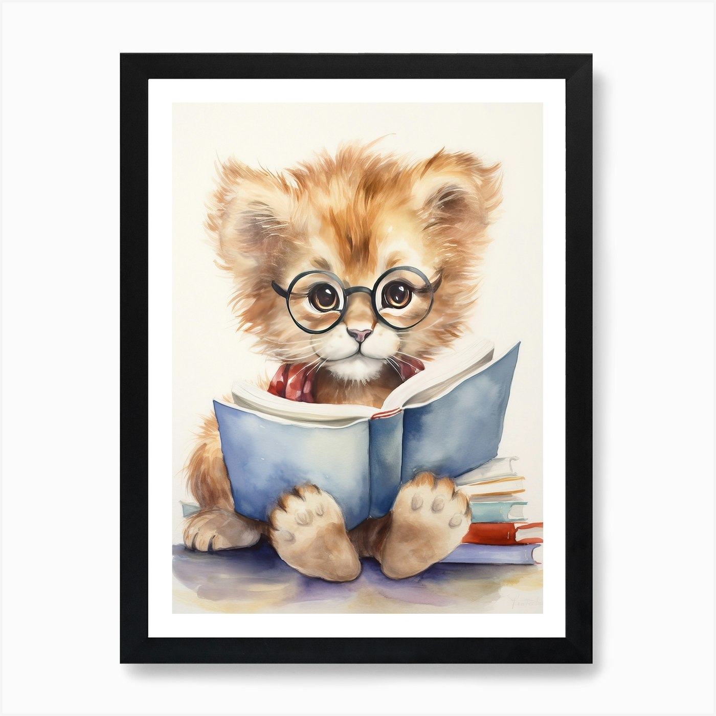 Reading Books Watercolour Lion Art  Framed Wall Art Poster Canvas Print Picture