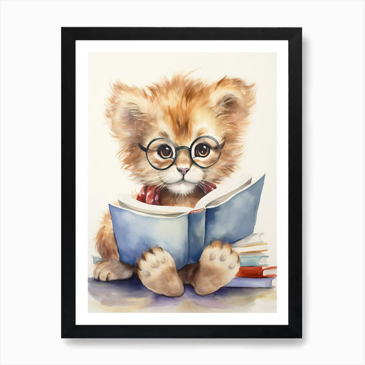 Reading Books Watercolour Lion Art  Framed Wall Art Poster Canvas Print Picture