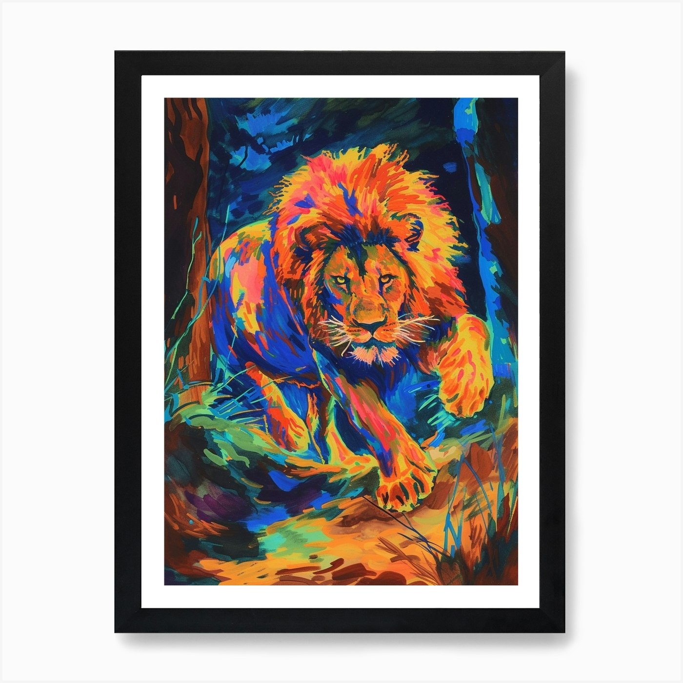 Asiatic Lion Night Hunt Fauvist Pai Framed Wall Art Poster Canvas Print Picture