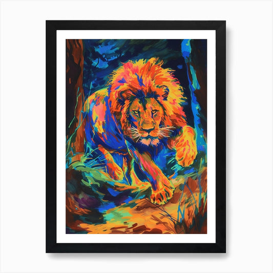 Asiatic Lion Night Hunt Fauvist Pai Framed Wall Art Poster Canvas Print Picture
