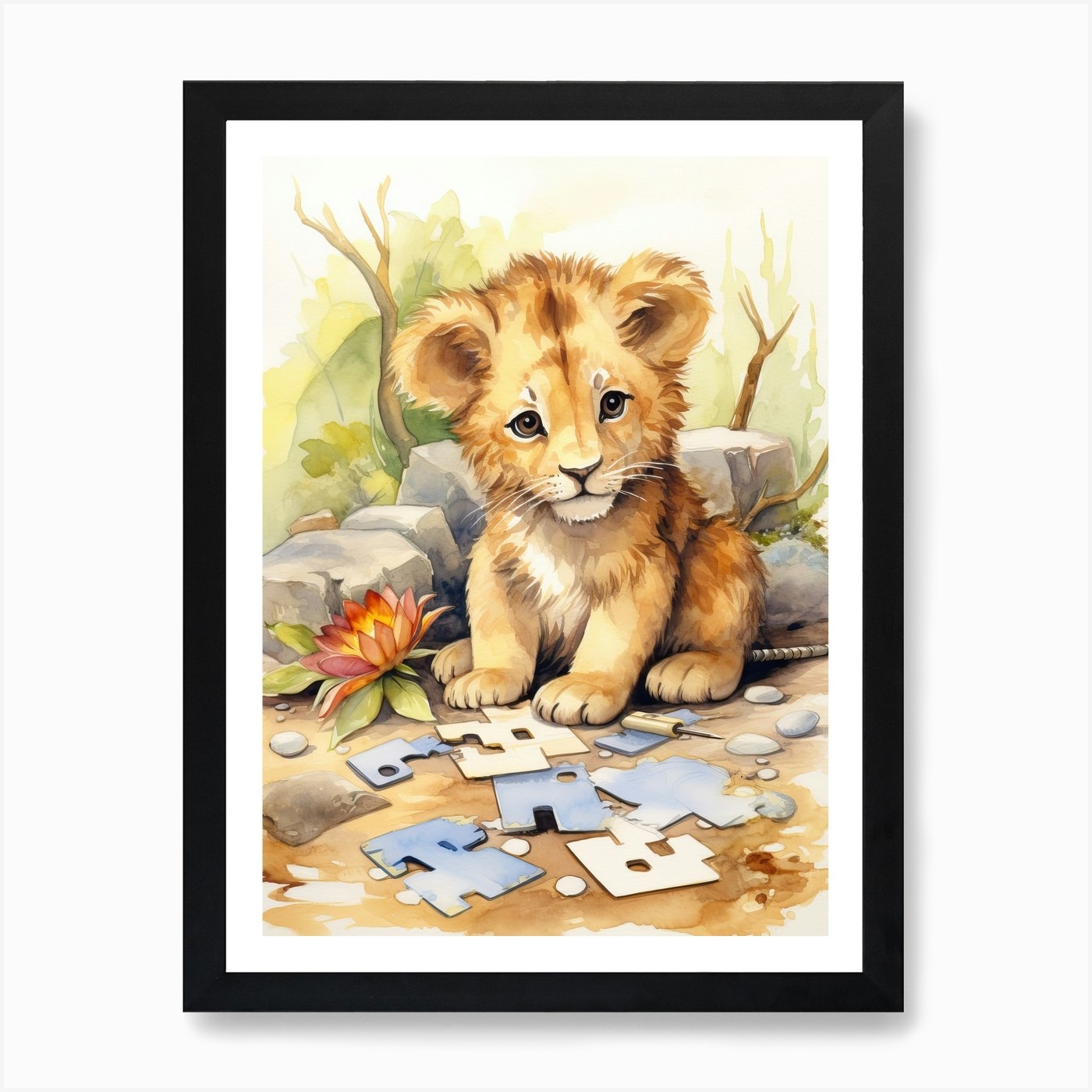 Solving Puzzles Watercolour Lion Ar Framed Wall Art Poster Canvas Print Picture
