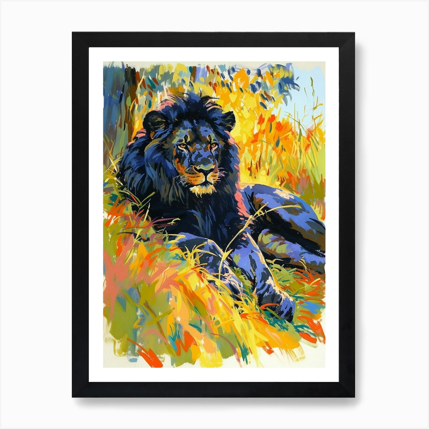 Black Lion Resting In The Sun Fauvi Framed Wall Art Poster Canvas Print Picture