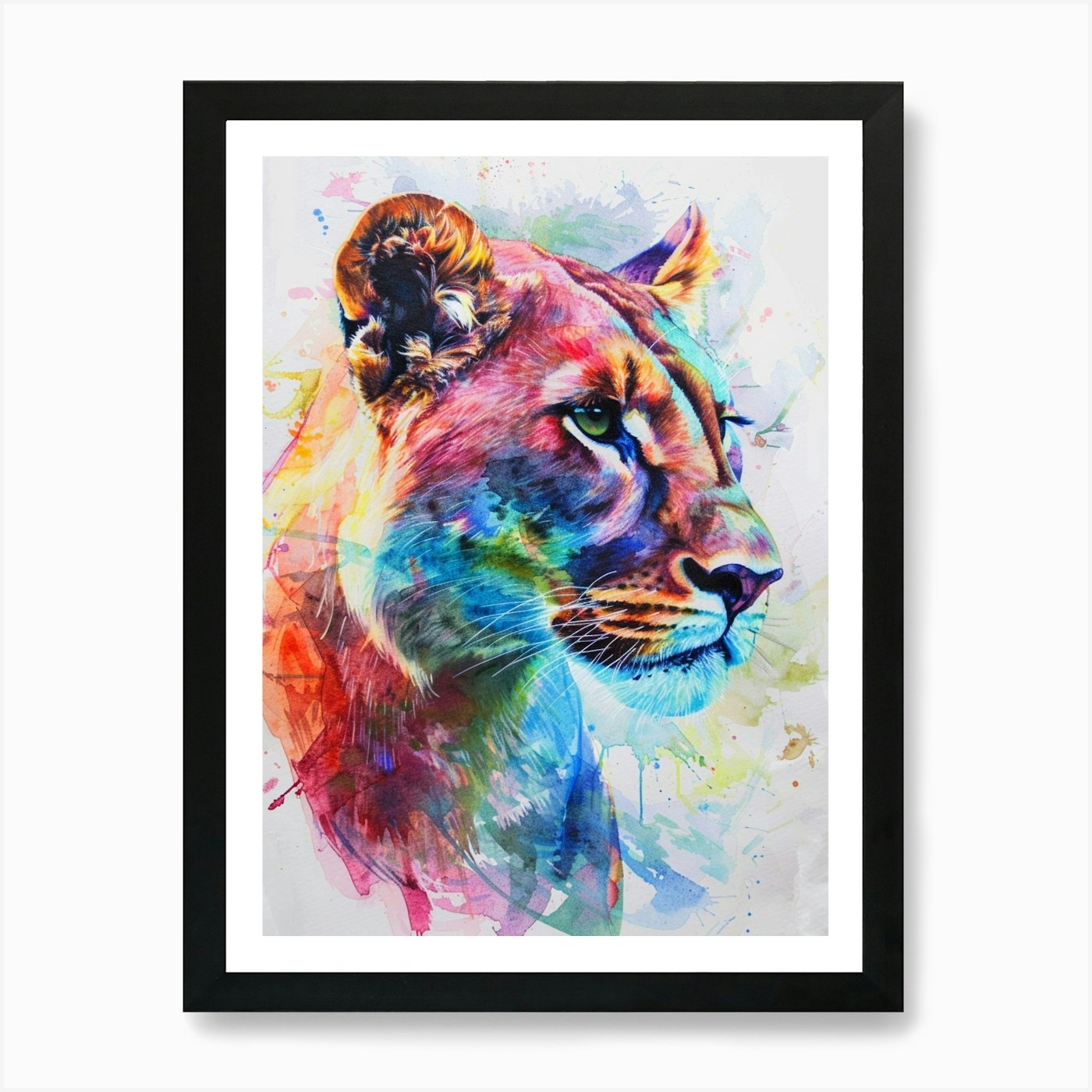 Mountain Lion Colourful Watercolour Framed Wall Art Poster Canvas Print Picture
