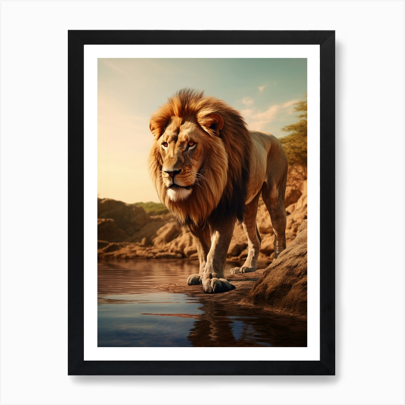 African Lion Drinking From A Stream Framed Wall Art Poster Canvas Print Picture