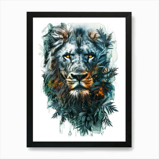 Double Exposure Realistic Lion With Framed Wall Art Poster Canvas Print Picture