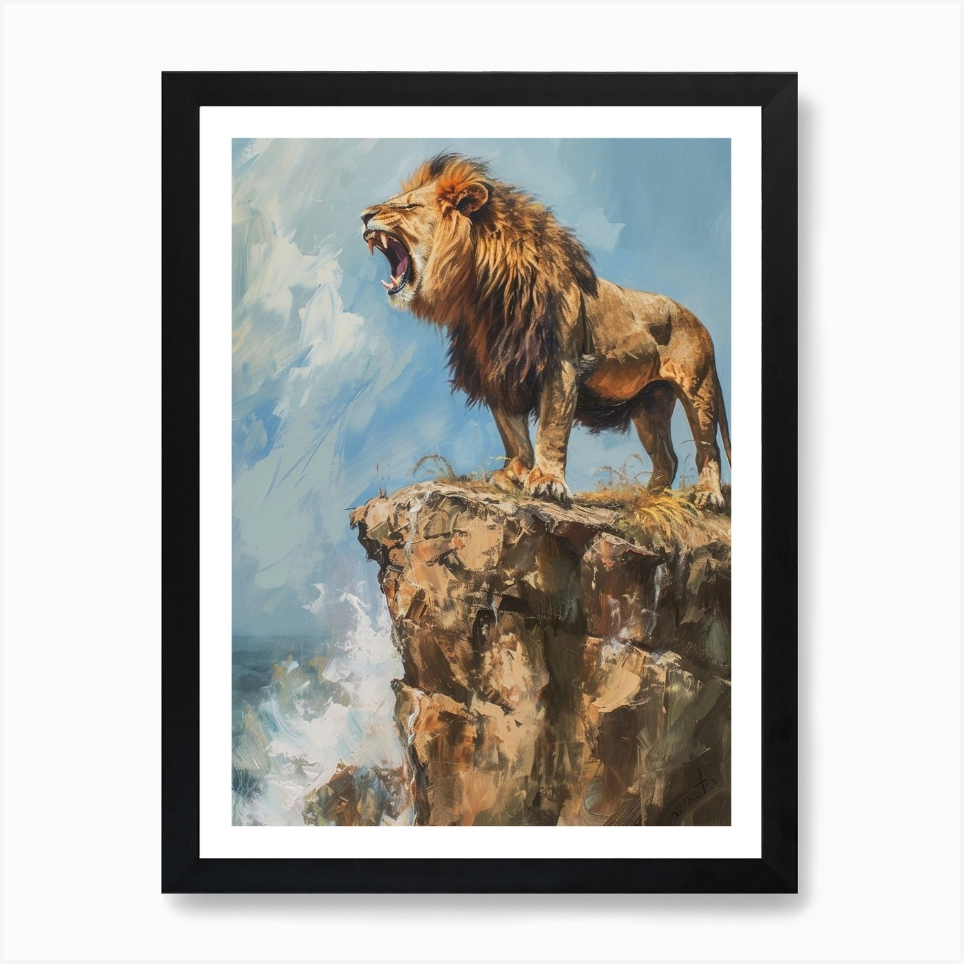 Barbary Lion Roaring On A Cliff Acr Framed Wall Art Poster Canvas Print Picture