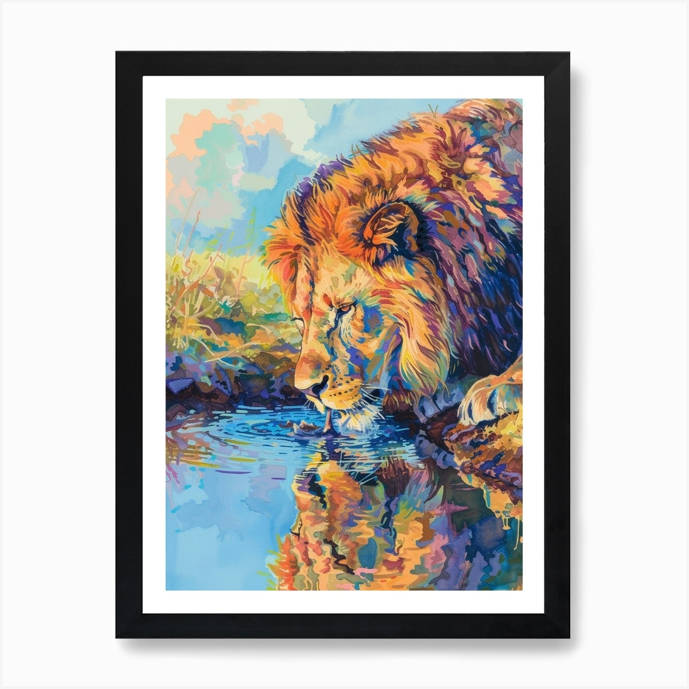 Southwest African Lion Drinking Fro Framed Wall Art Poster Canvas Print Picture