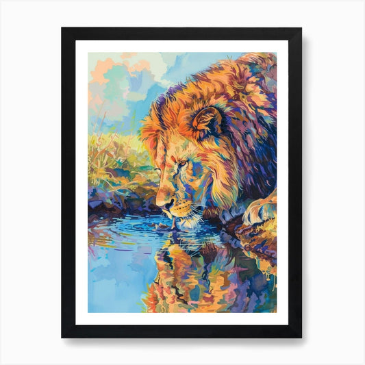 Southwest African Lion Drinking Fro Framed Wall Art Poster Canvas Print Picture
