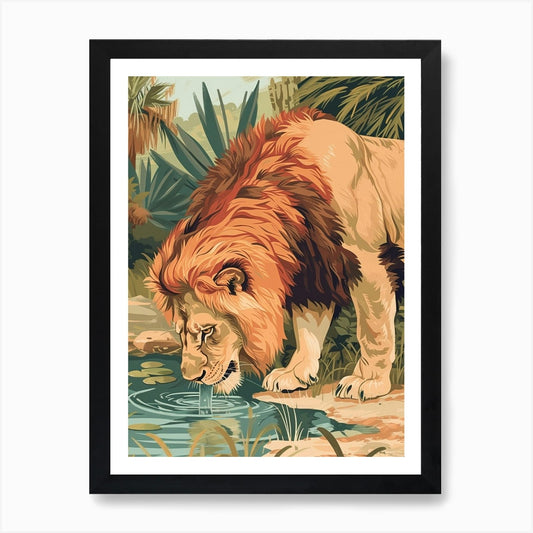 Barbary Lion Drinking Illustration  Framed Wall Art Poster Canvas Print Picture