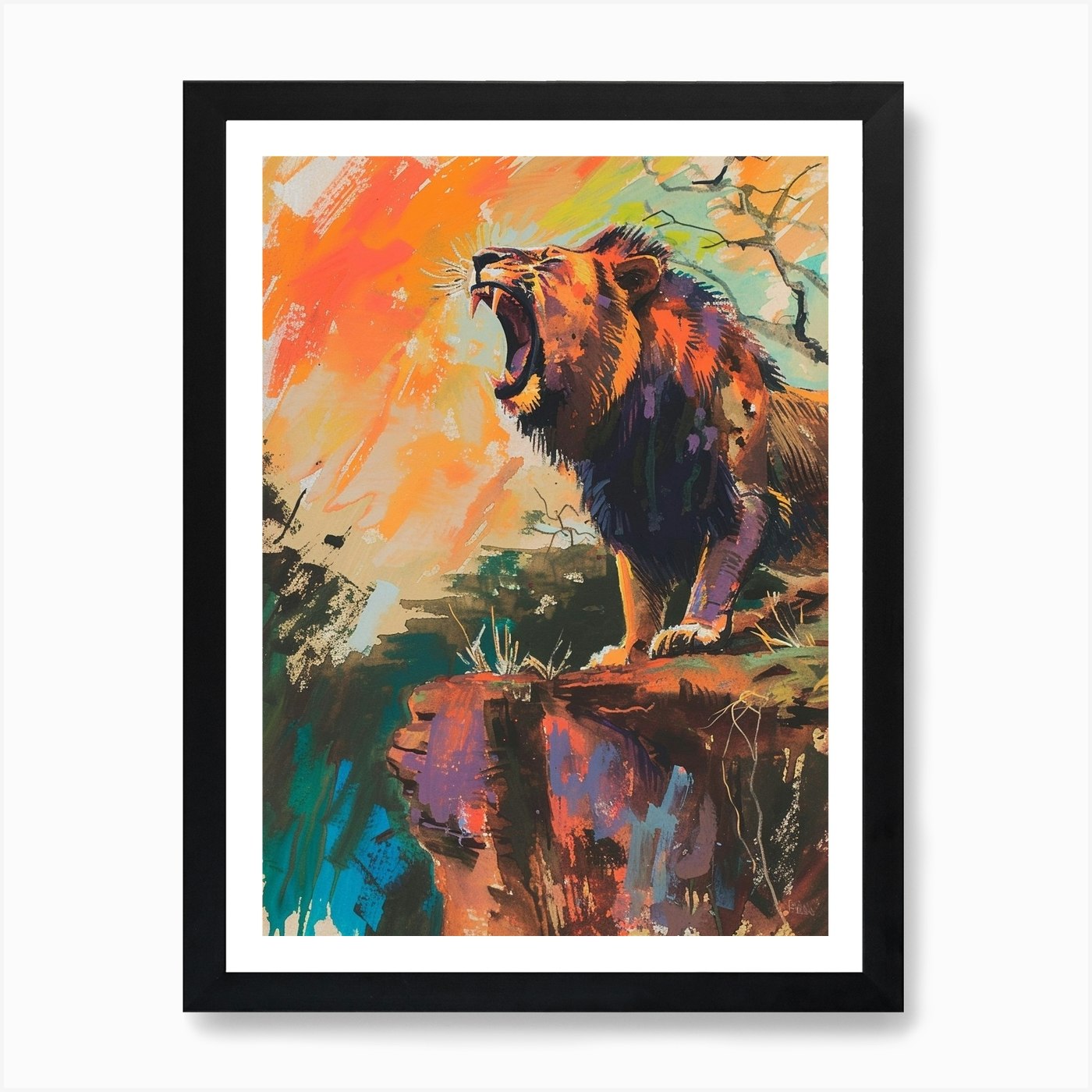 Southwest African Lion Roaring On A Framed Wall Art Poster Canvas Print Picture