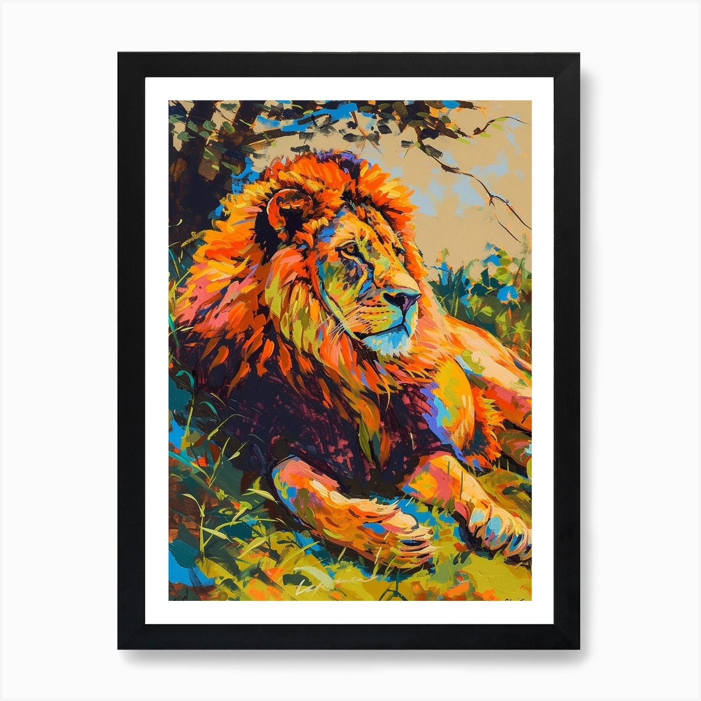 Masai Lion Resting In The Sun Fauvi Framed Wall Art Poster Canvas Print Picture