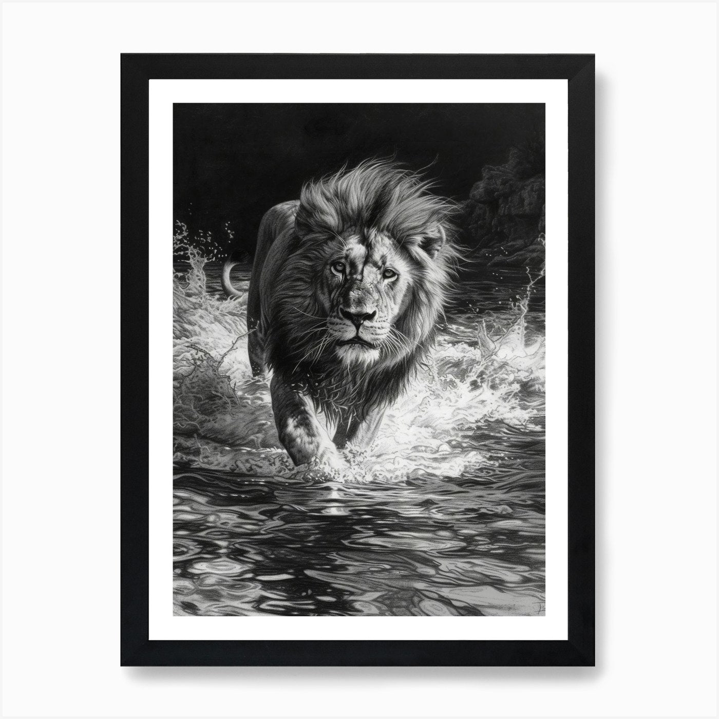 Barbary Lion Charcoal Drawing Cross Framed Wall Art Poster Canvas Print Picture
