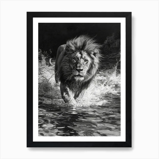 Barbary Lion Charcoal Drawing Cross Framed Wall Art Poster Canvas Print Picture