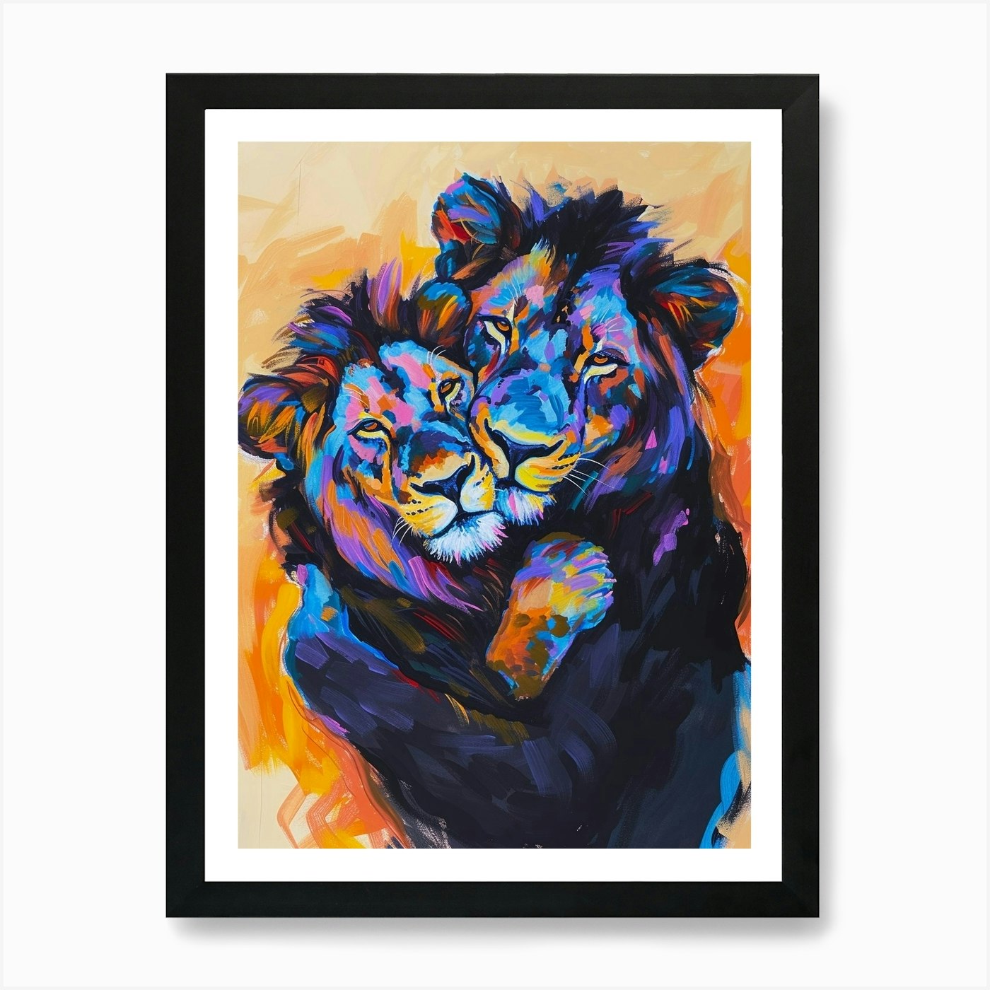 Black Lion Family Bonding Fauvist P Framed Wall Art Poster Canvas Print Picture