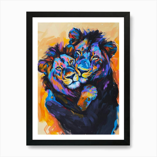 Black Lion Family Bonding Fauvist P Framed Wall Art Poster Canvas Print Picture