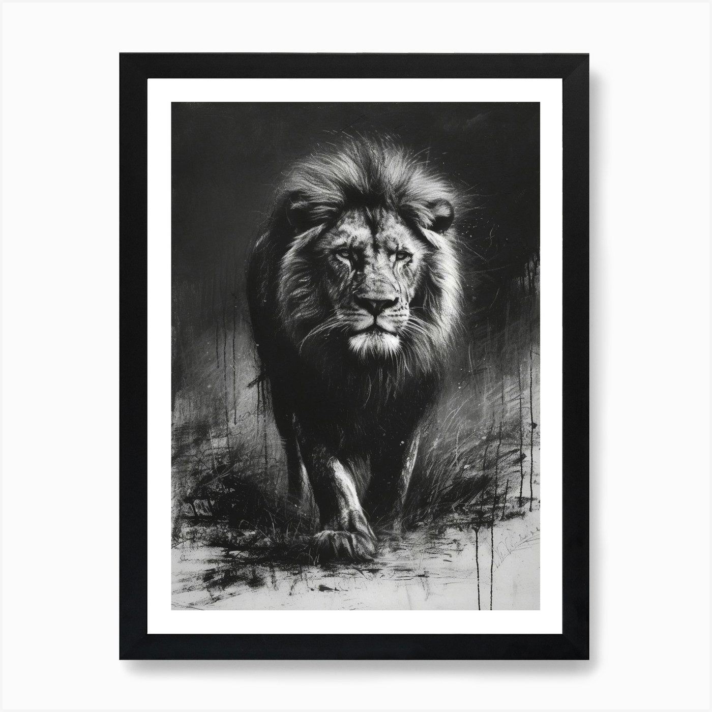 African Lion Charcoal Drawing Lion  Framed Wall Art Poster Canvas Print Picture