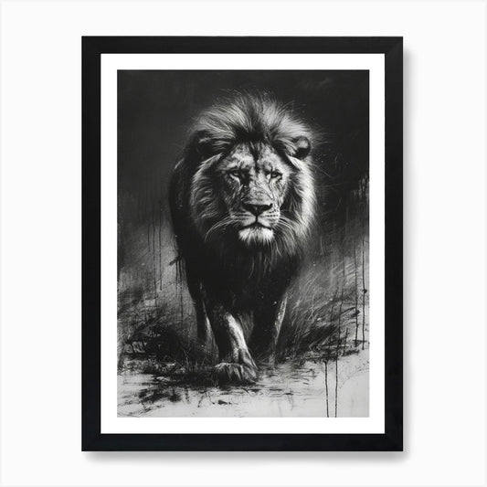 African Lion Charcoal Drawing Lion  Framed Wall Art Poster Canvas Print Picture