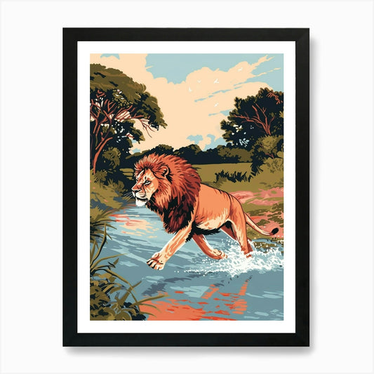 African Lion Crossing A River Illus Framed Wall Art Poster Canvas Print Picture