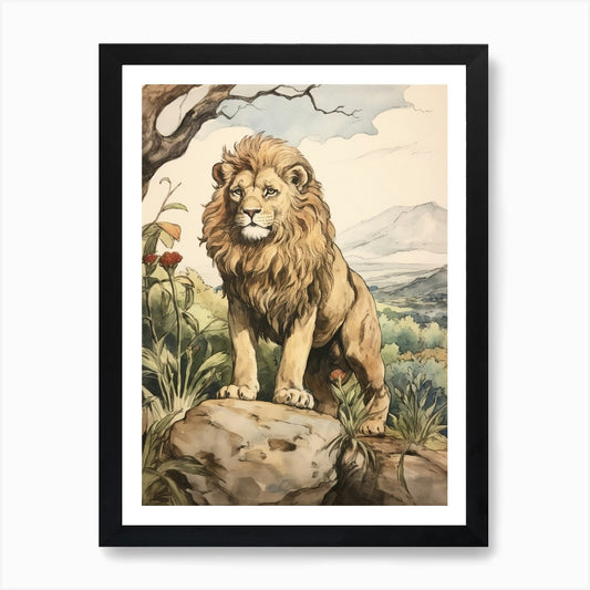 Storybook Animal Watercolour Lion 3 Framed Wall Art Poster Canvas Print Picture