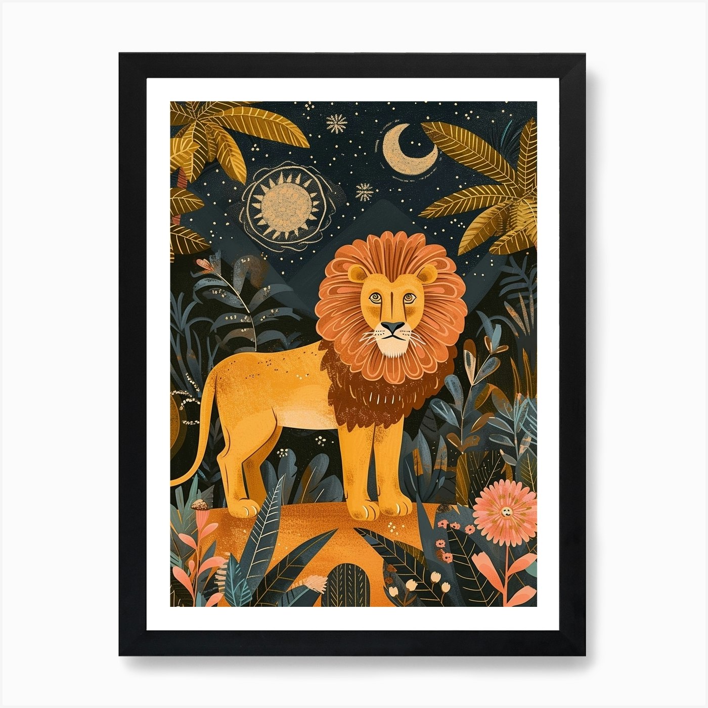 Barbary Lion Night Hunt Illustratio Framed Wall Art Poster Canvas Print Picture
