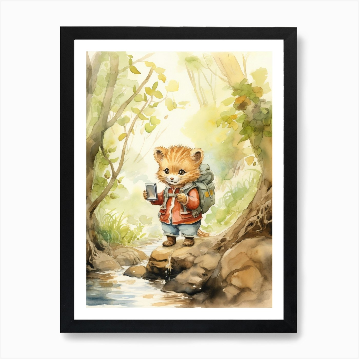 Hiking Watercolour Lion Art Paintin Framed Wall Art Poster Canvas Print Picture