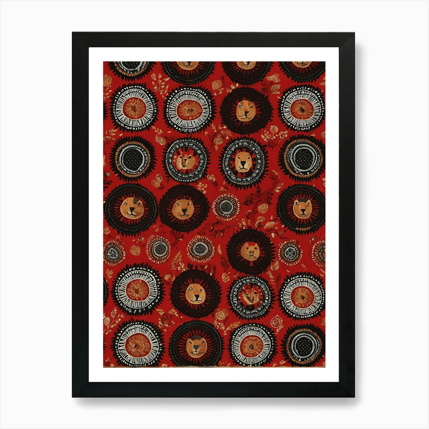 Lions On Red Fabric Art, 1458 Art P Framed Wall Art Poster Canvas Print Picture