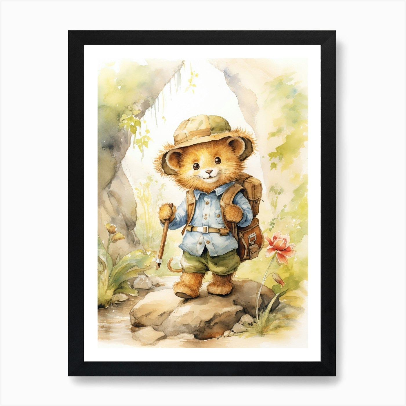 Hiking Watercolour Lion Art Paintin Framed Wall Art Poster Canvas Print Picture