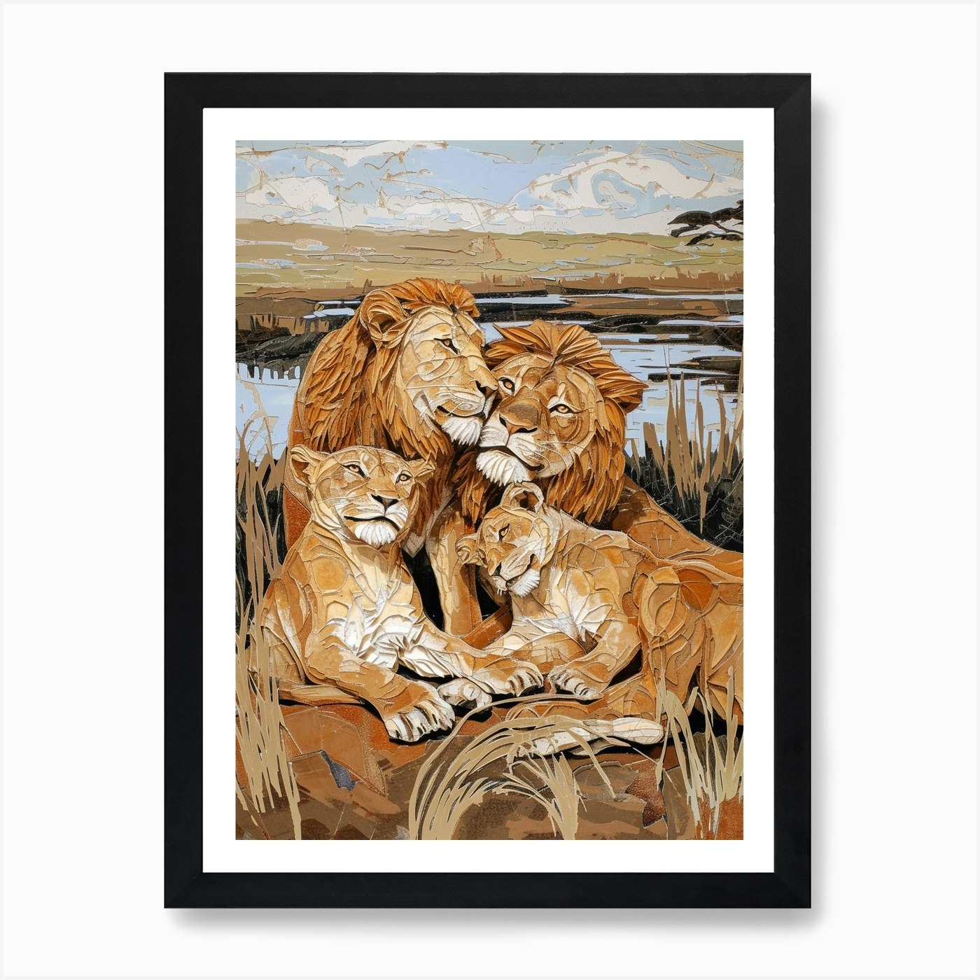 African Lion Relief Illustration Fa Framed Wall Art Poster Canvas Print Picture