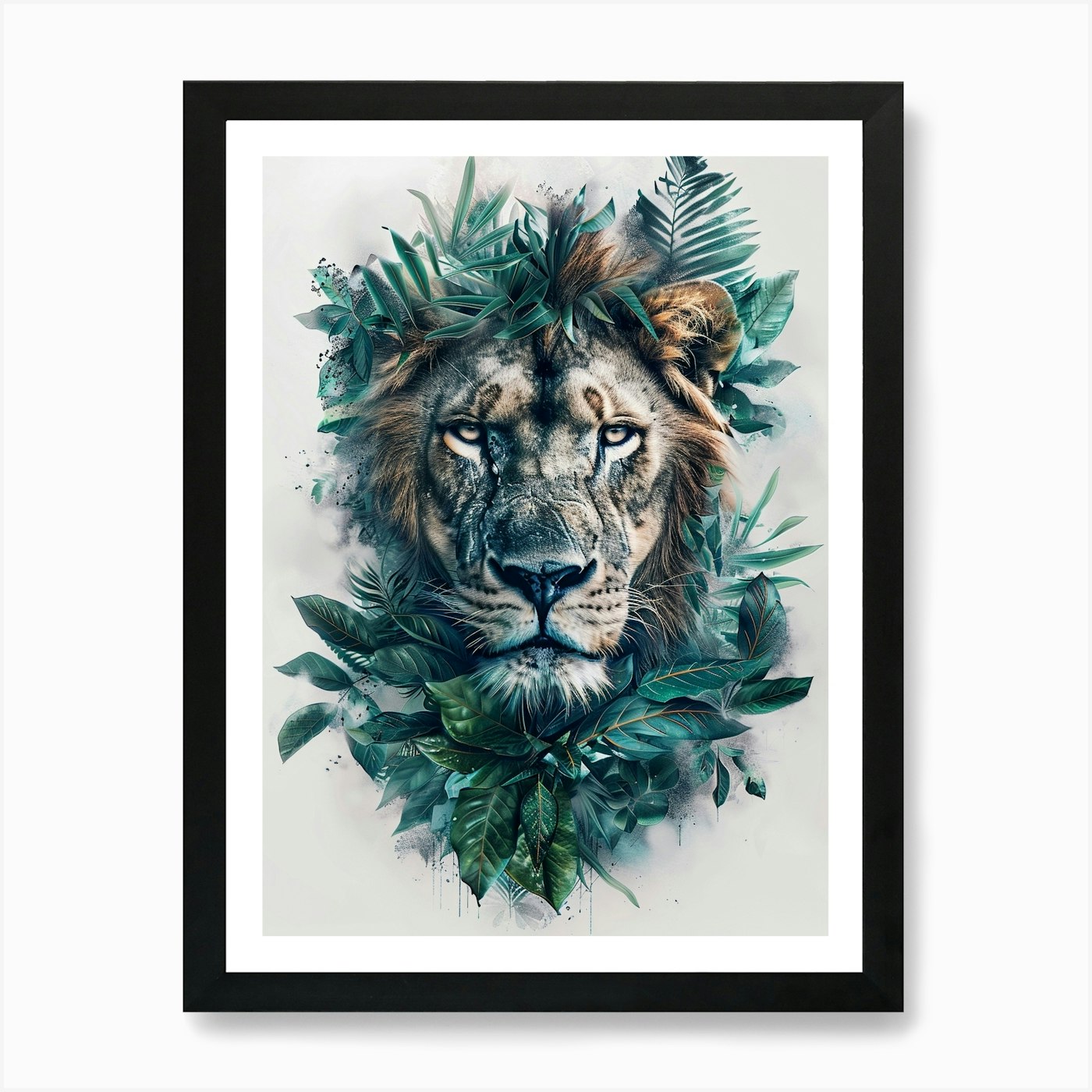 Double Exposure Realistic Lion With Framed Wall Art Poster Canvas Print Picture