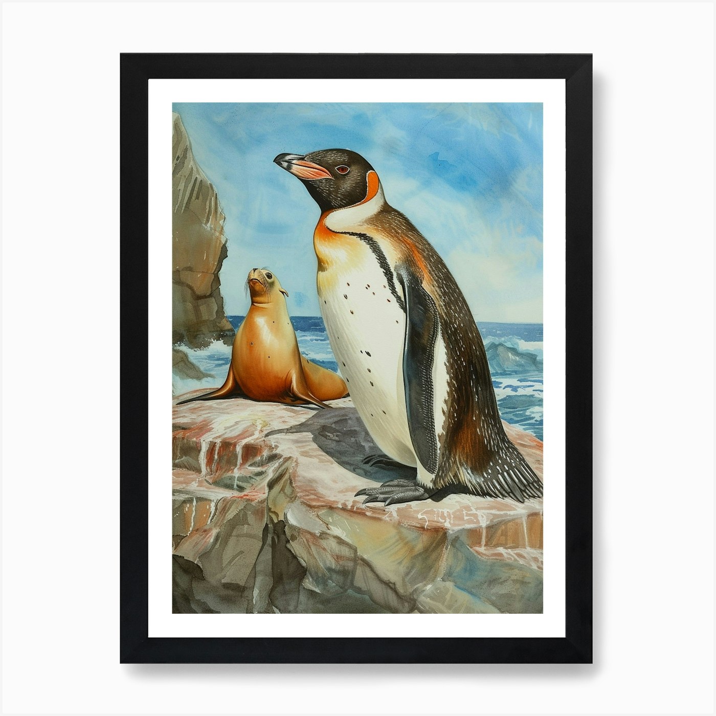 Humboldt Penguin Sea Lion Island Wa Framed Wall Art Poster Canvas Print Picture