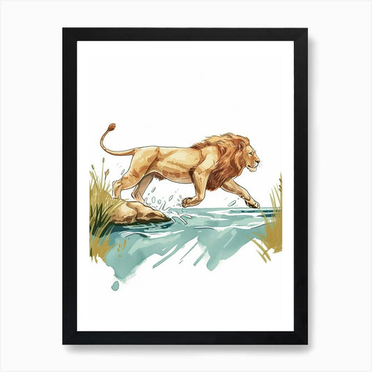 Barbary Lion Crossing A River Clipa Framed Wall Art Poster Canvas Print Picture