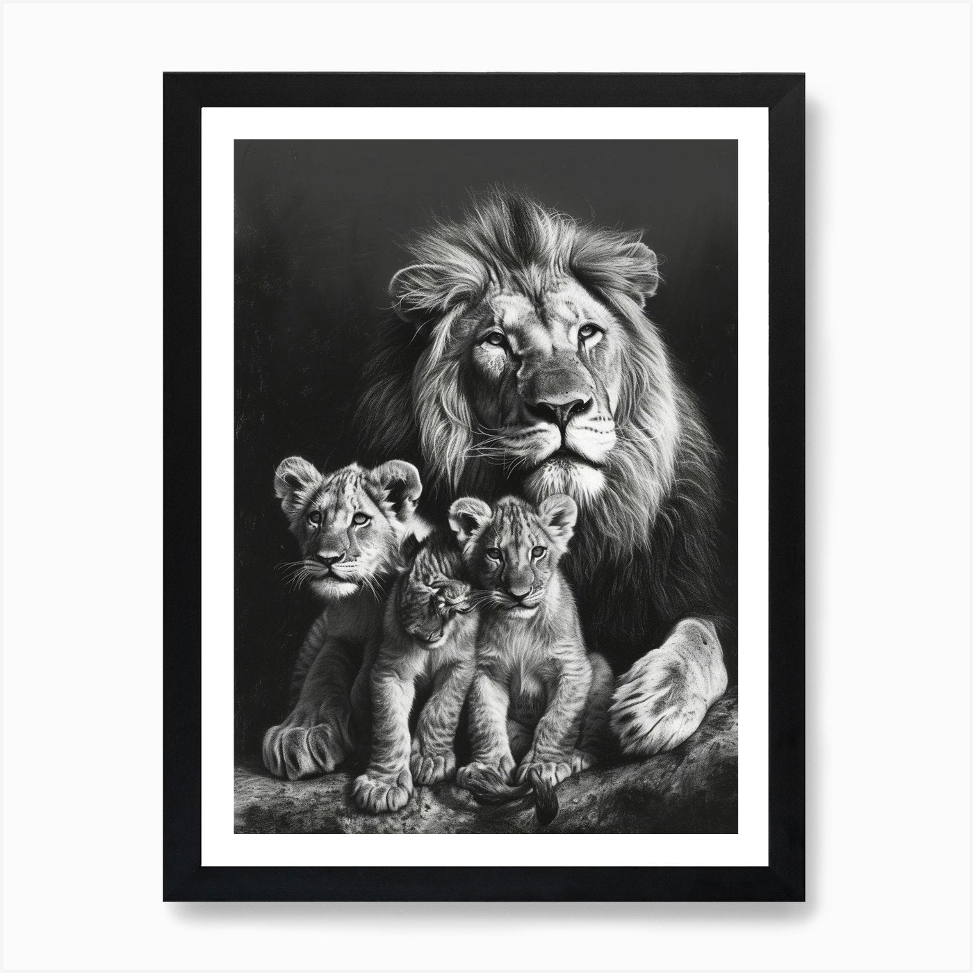 Barbary Lion Charcoal Drawing Famil Framed Wall Art Poster Canvas Print Picture