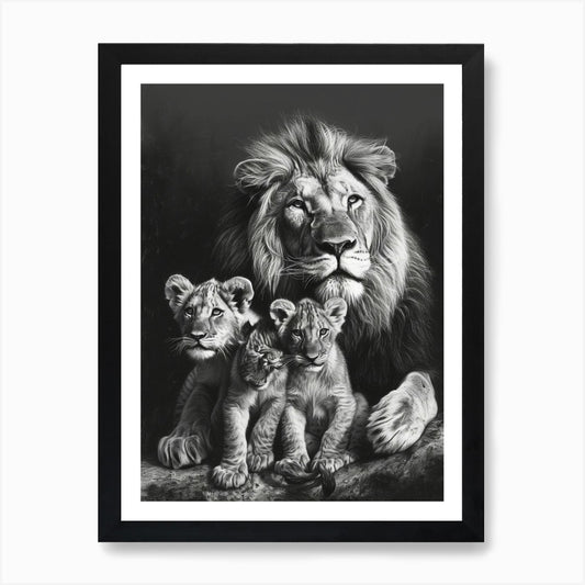 Barbary Lion Charcoal Drawing Famil Framed Wall Art Poster Canvas Print Picture
