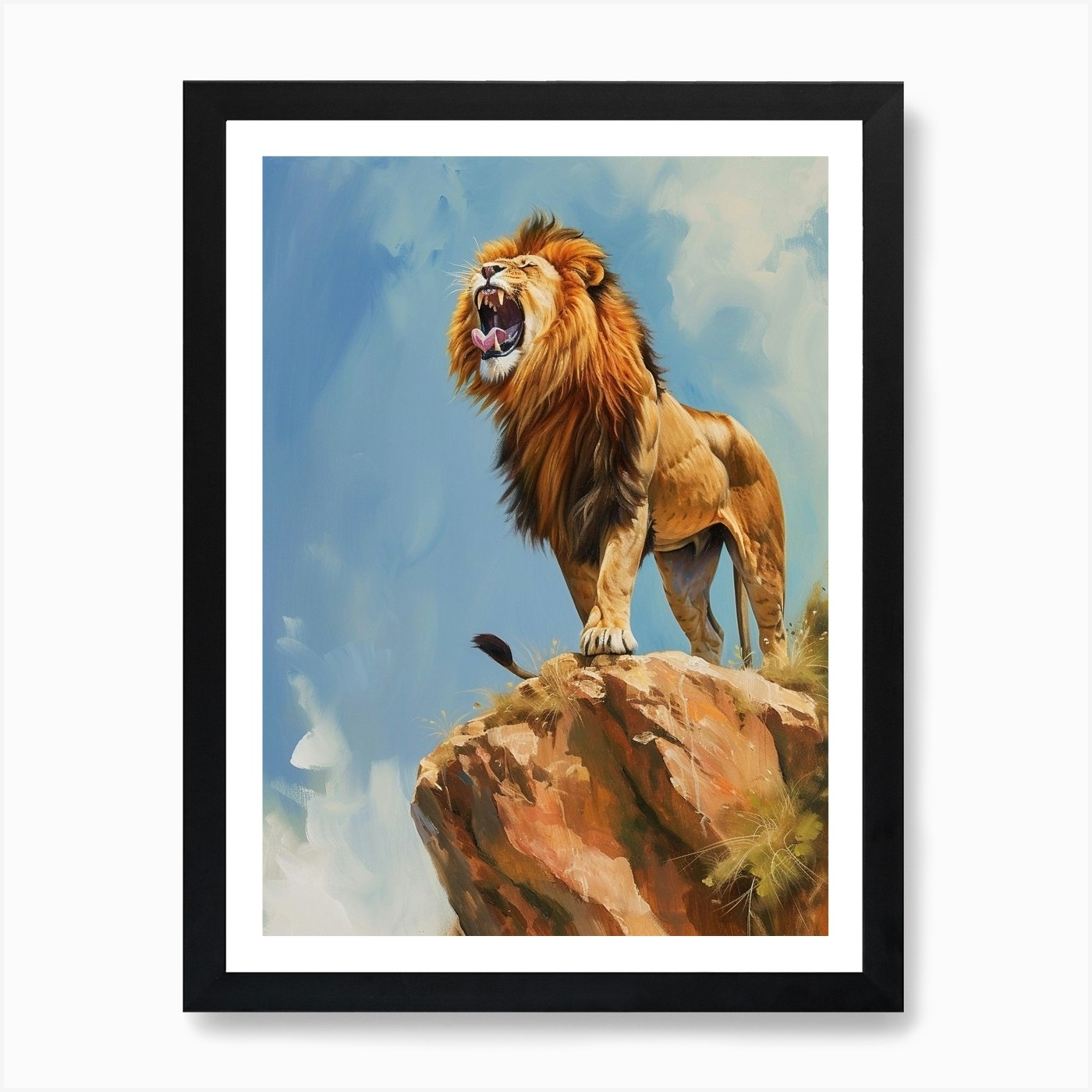 African Lion Roaring On A Cliff Acr Framed Wall Art Poster Canvas Print Picture
