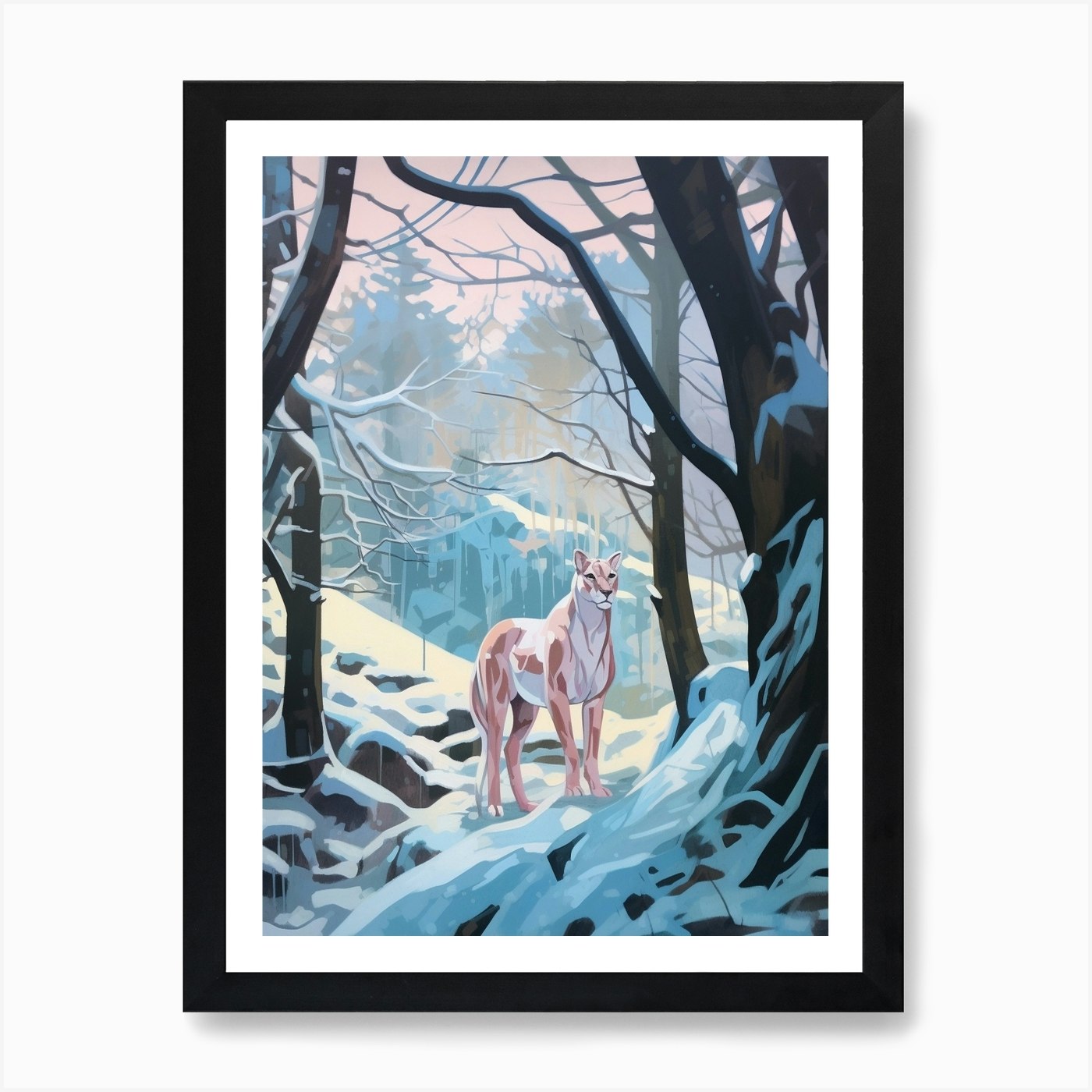 Winter Mountain Lion 3 Illustration Framed Wall Art Poster Canvas Print Picture