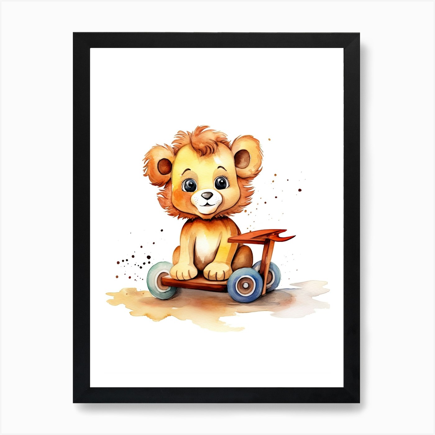 Baby Lion On A Toy Car, Watercolour Framed Wall Art Poster Canvas Print Picture