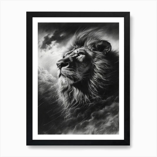 Barbary Lion Charcoal Drawing Facin Framed Wall Art Poster Canvas Print Picture