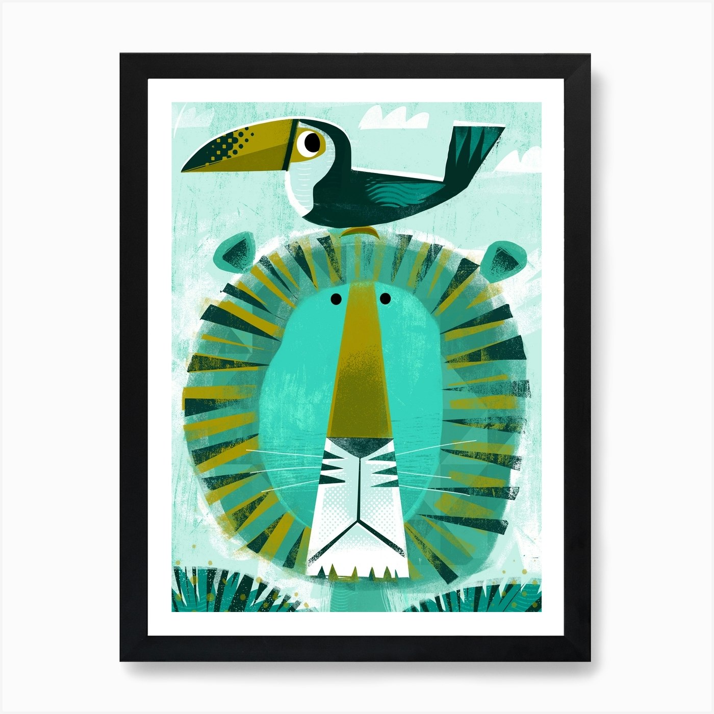 Lion With Pesky Toucan Art Print Framed Wall Art Poster Canvas Print Picture
