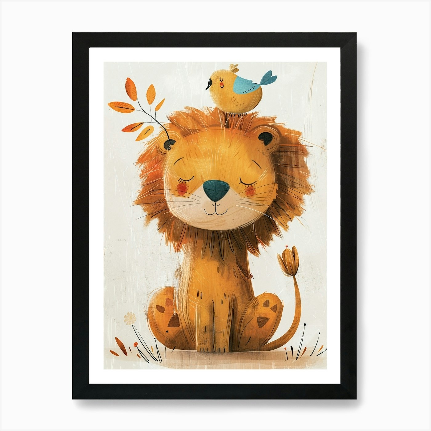 Small Joyful Lion With A Bird On It Framed Wall Art Poster Canvas Print Picture