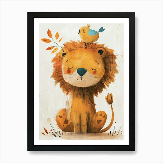 Small Joyful Lion With A Bird On It Framed Wall Art Poster Canvas Print Picture