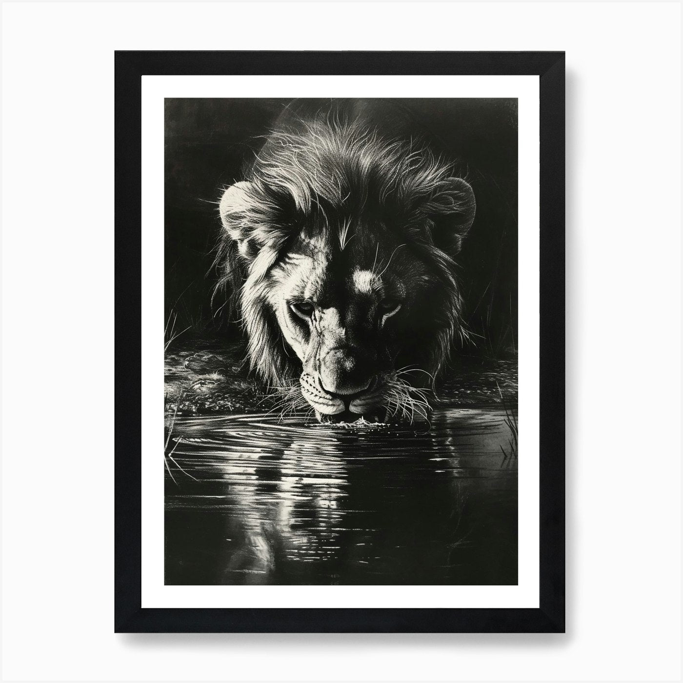 African Lion Charcoal Drawing Drink Framed Wall Art Poster Canvas Print Picture