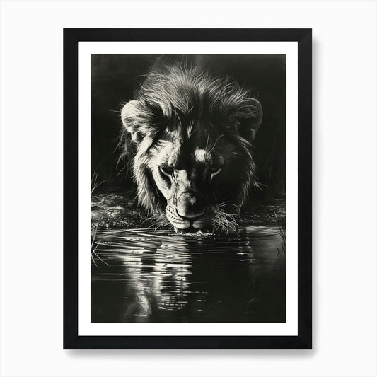African Lion Charcoal Drawing Drink Framed Wall Art Poster Canvas Print Picture